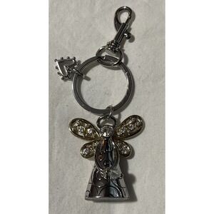 Chico's Silver & Gold Tone Metal Engraved Angel w/ Clear Rhinestones Keychain